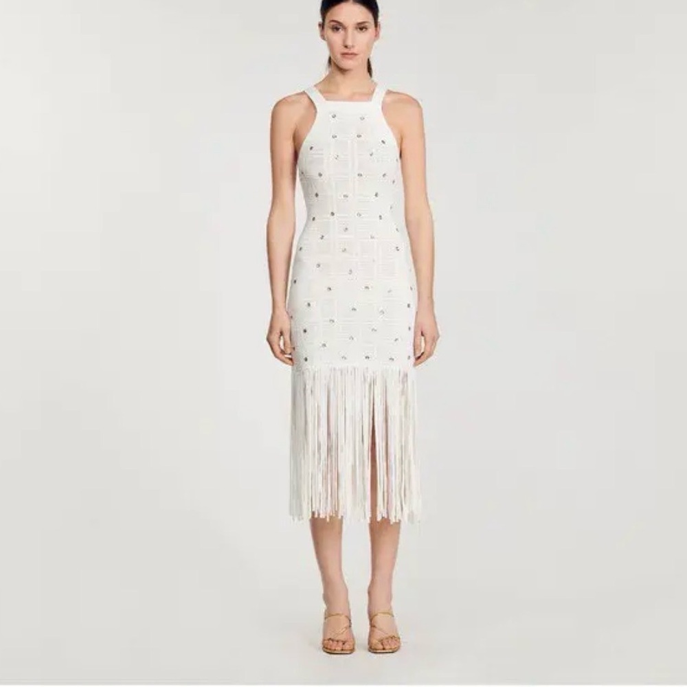 Sandro Cream Maxi Dress with Fringe Accents